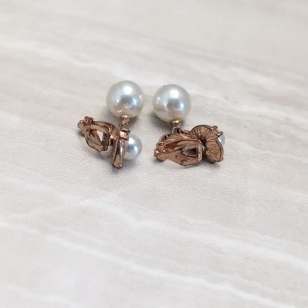 Vintage Clip On Earrings Copper Tone, Faux Pearl, Clear Gem - Condition Issues